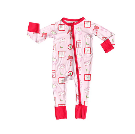 9.15 Preorder (moq 5)Baby Girls Santa Letters Christmas Zipper Footie Rompers
