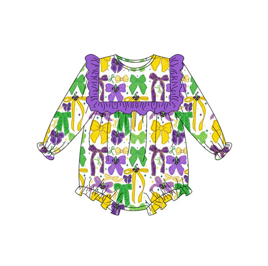 9.15 Preorder (moq 5)Baby Girls Purple Yellow Green Bows Stars Mardigras Ruffle Rompers