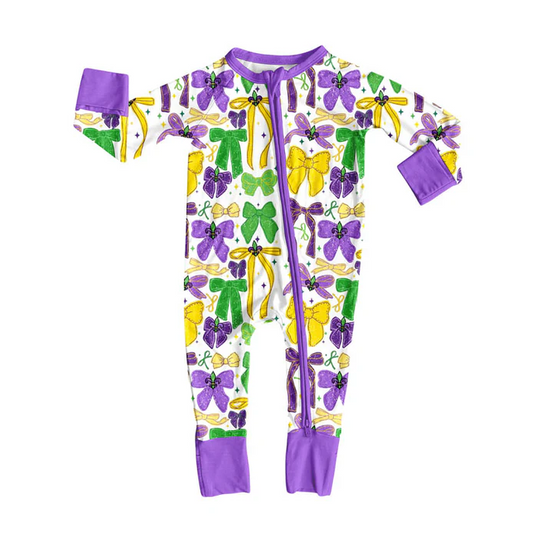 9.15 Preorder (moq 5)Baby Girls Purple Yellow Green Bows Stars Mardigras Zipper Footie Rompers