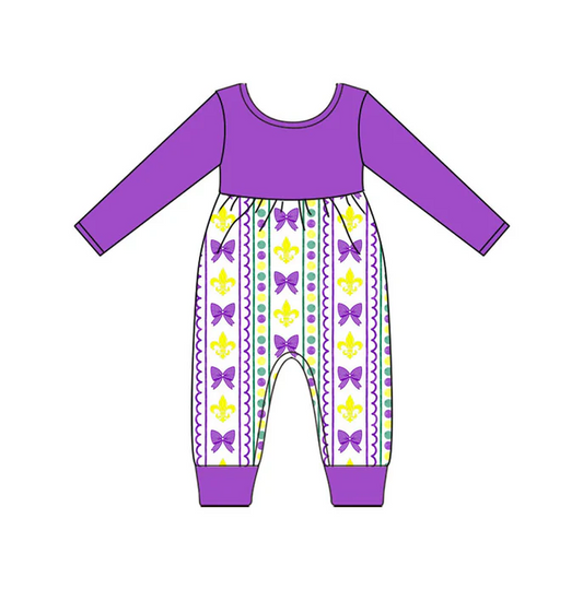 9.15 Preorder (moq 5)Baby Girls Long Sleeve Purple Yellow Green Bows Mardigras Footie Rompers