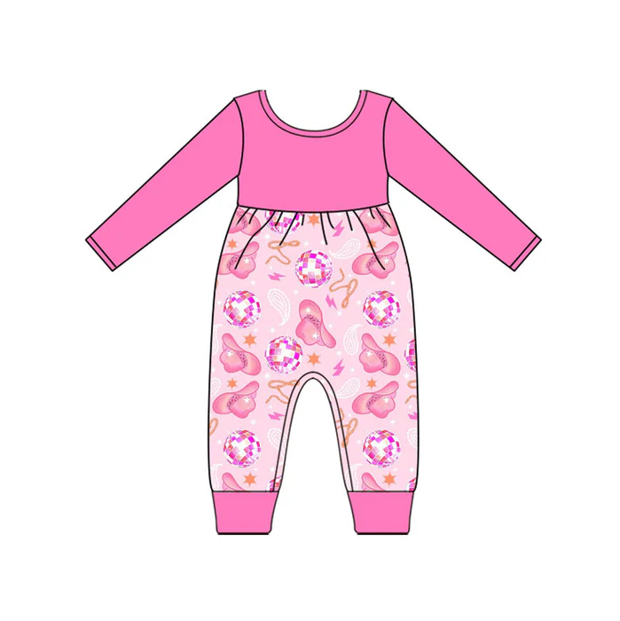 9.15 Preorder (moq 5)Baby Girls Pink Long Sleeve Hats Stars Western Footie Rompers