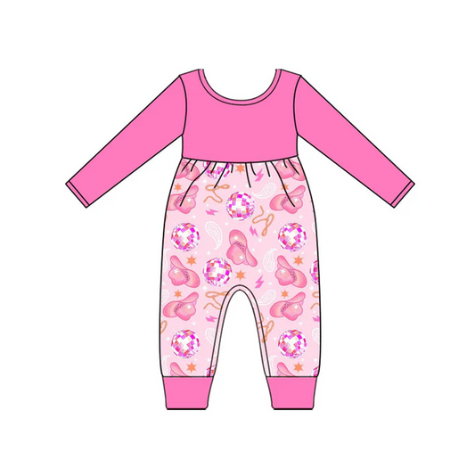 9.15 Preorder (moq 5)Baby Girls Pink Long Sleeve Hats Stars Western Footie Rompers