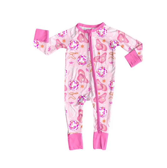 9.16 Preorder (moq 5)Baby Girls Pink Hats Stars Western Zipper Footie Rompers