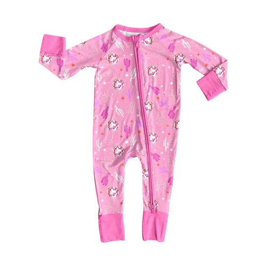 9.16 Preorder (moq 5)Baby Girls Pink Cactus Stars Western Zipper Footie Rompers