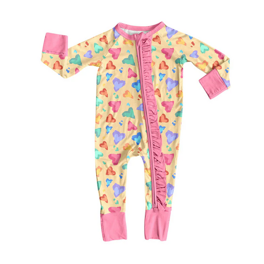 9.16 Preorder (moq 5)Baby Girls Colorful Hearts Valentine Ruffle Zipper Footie Rompers
