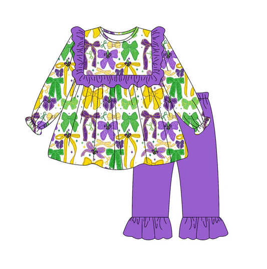 9.16 Preorder (moq 5)Baby Girls Purple Yellow Green Bows Stars Ruffle Pants Mardigras Clothes Sets