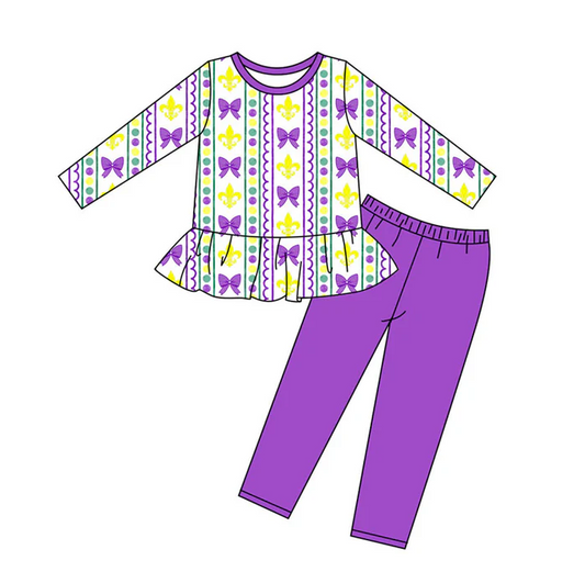 9.16 Preorder (moq 5)Baby Girls Purple Yellow Green Bows Stripe Leggings Mardigras Clothes Sets