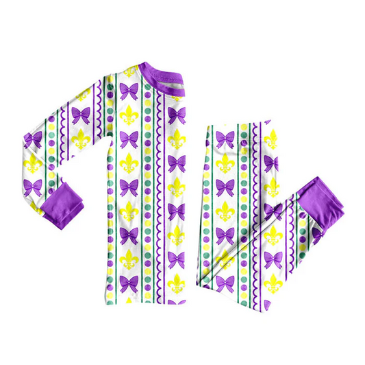 9.16 Preorder (moq 5)Baby Girls Purple Yellow Green Bows Stripe Pants Mardigras Pajamas Sets