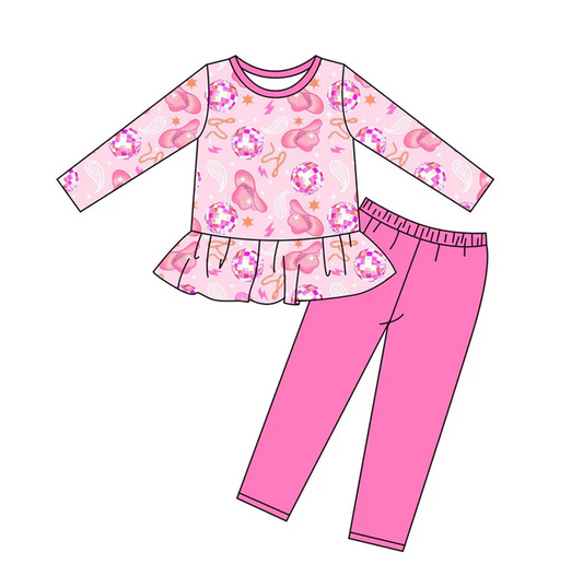 9.16 Preorder (moq 5)Baby Girls Pink Hats Stars Tunic Legging Pants Western Clothes Sets