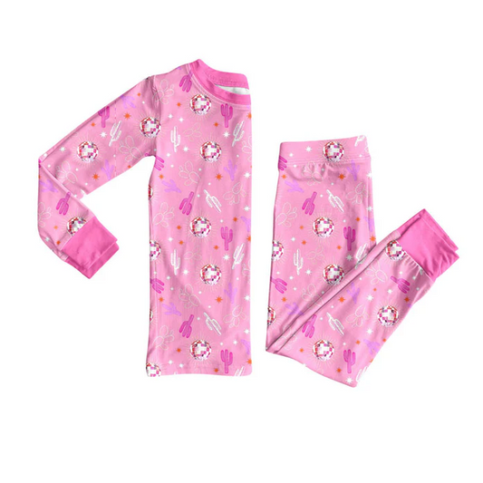 9.16 Preorder (moq 5)Baby Girls Pink Cactus Stars Top Pants Western Pajamas Sets