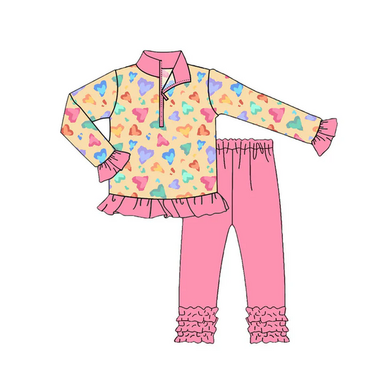 9.16 Preorder (moq 5)Baby Girls Colorful Hearts Zipper Pullover Ruffle Leggings Valentine Clothes Sets