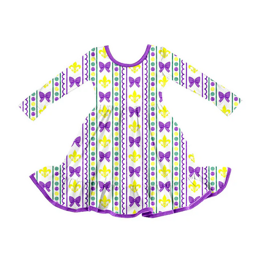 9.16 Preorder (moq 5)Baby Girls Purple Yellow Green Bows Stripe Mardugras Ruffle Knee Length Dress