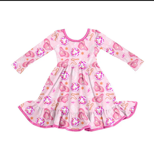 9.16 Preorder (moq 5)Baby Girls Long Sleeve Pink Hats Stars Western Ruffle Knee Length Dresses