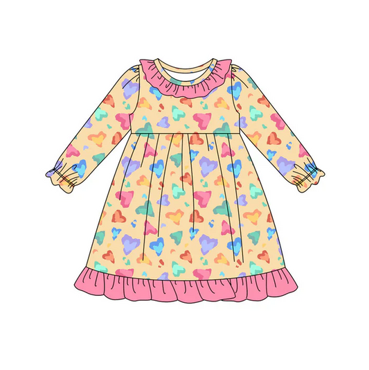 9.16 Preorder (moq 5)Baby Girls Colorful Hearts Ruffle Knee Length Dresses