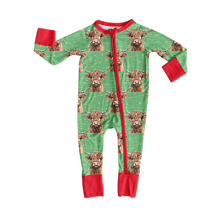 9.16 Preorder (moq 5)Baby Boys Lights Highland Cows Christmas Zipper Footie Rompers