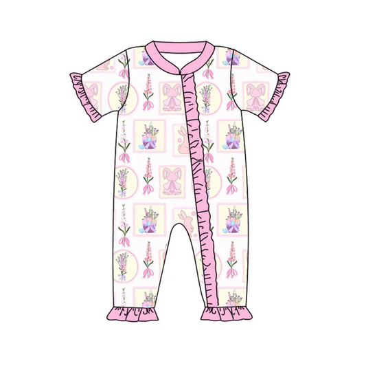 9.16 Preorder (moq 5)Baby Girls Flowers Rabbits Checked Easter Ruffle Zipper Footie Rompers