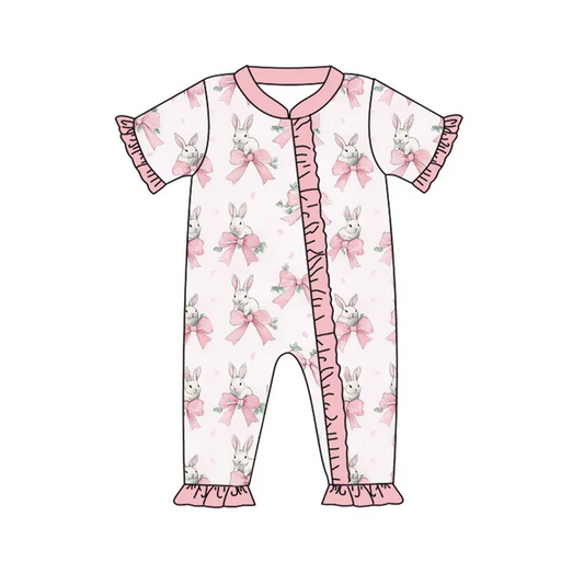 9.16 Preorder (moq 5)Baby Girls Pink Bows Rabbits Easter Ruffle Zipper Footie Rompers