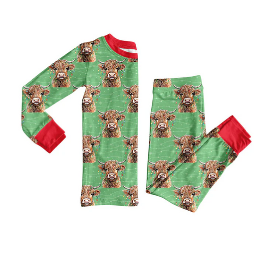 9.16 Preorder (moq 5)Baby Boys Lights Highland Cows Top Pants Christmas Pajamas Sets