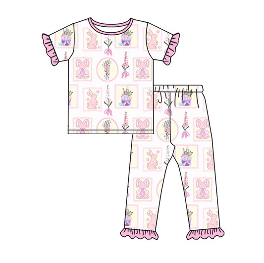 9.16 Preorder (moq 5)Baby Girls Flowers Rabbits Checked Top Ruffle Pants Easter Pajamas Sets