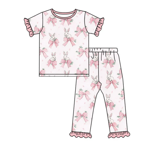 9.16 Preorder (moq 5)Baby Girls Pink Bows Rabbits Top Ruffle Pants Easter Pajamas Sets