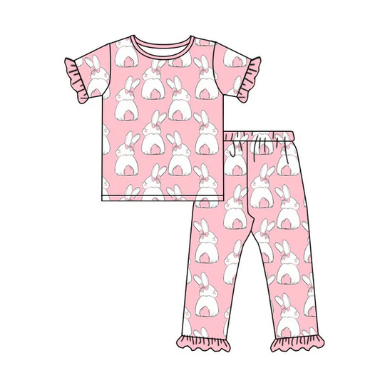 9.16 Preorder (moq 5)Baby Girls Pink Rabbits Top Ruffle Pants Easter Pajamas Sets