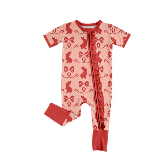 9.16 Preorder (moq 5)Baby Girls Red Bows Rabbits Easter Ruffle Zipper Footie Rompers