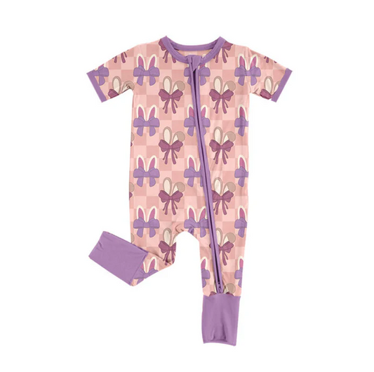 9.16 Preorder (moq 5)Baby Boys Pink Checked Rabbits Bows Easter Zipper Footie Rompers