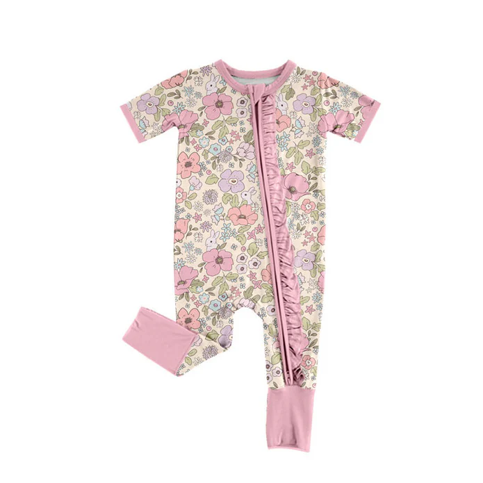 9.16 Preorder (moq 5)Baby Girls Flowers Rabbits Easter Ruffle Zipper Footie Rompers