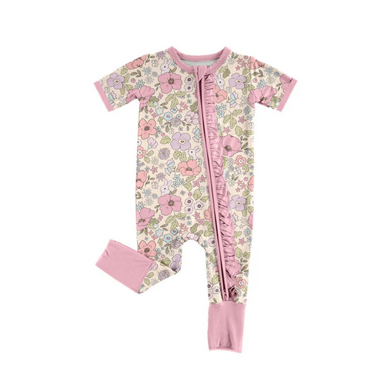 9.16 Preorder (moq 5)Baby Girls Flowers Rabbits Easter Ruffle Zipper Footie Rompers