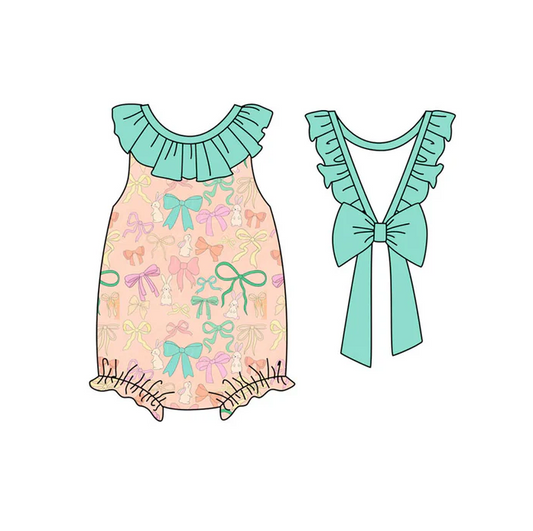 9.16 Preorder (moq 5)Baby Girls Colorful Bows Rabbits Back Bows Easter Ruffle Rompers