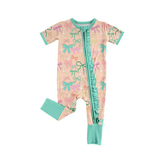 9.16 Preorder (moq 5)Baby Girls Colorful Bows Rabbits Easter Ruffle Zipper Footie Rompers