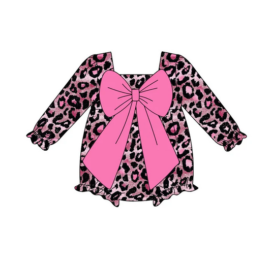 9.16 Preorder (moq 5)Baby Girls Pink Black Leopard Bows Ruffle Rompers