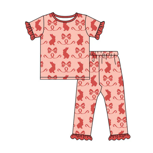 9.16 Preorder (moq 5)Baby Girls Red Bows Rabbits Top Ruffle Pants Easter Pajamas Sets