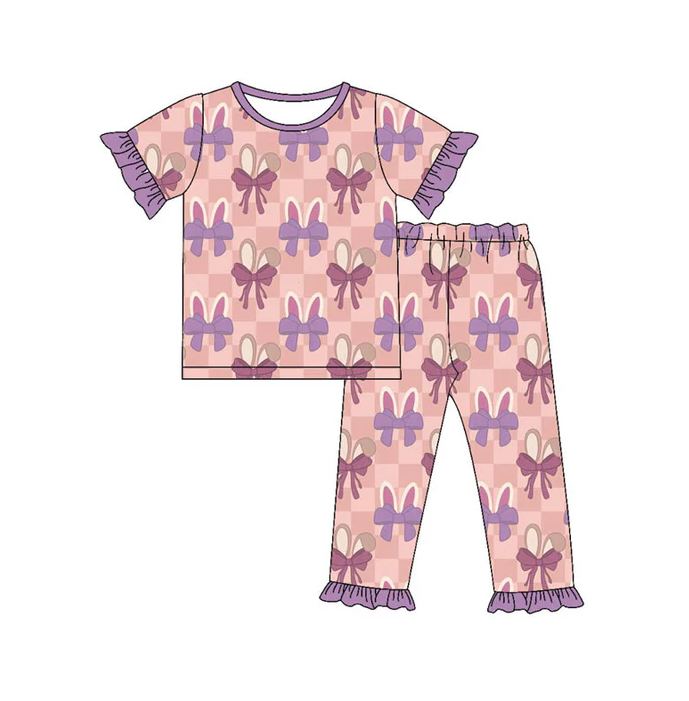 9.16 Preorder (moq 5)Baby Girls Pink Checked Rabbits Bows Top Ruffle Pants Easter Pajamas Sets
