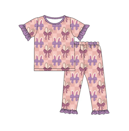9.16 Preorder (moq 5)Baby Girls Pink Checked Rabbits Bows Top Ruffle Pants Easter Pajamas Sets