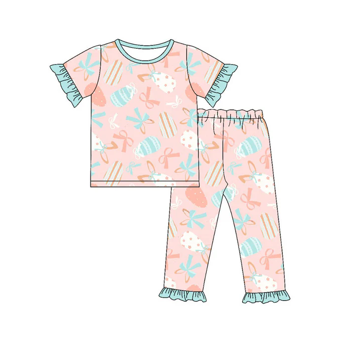9.16 Preorder (moq 5)Baby Girls Bows Eggs Top Ruffle Pants Easter Pajamas Sets