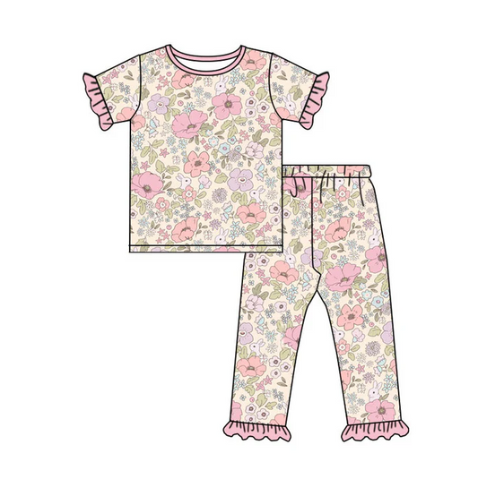 9.16 Preorder (moq 5)Baby Girls Flowers Rabbits Top Ruffle Pants Easter Pajamas Sets