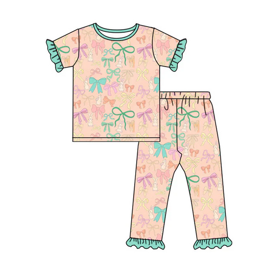 9.16 Preorder (moq 5)Baby Girls Colorful Bows Rabbits Top Ruffle Pants Easter Pajamas Sets