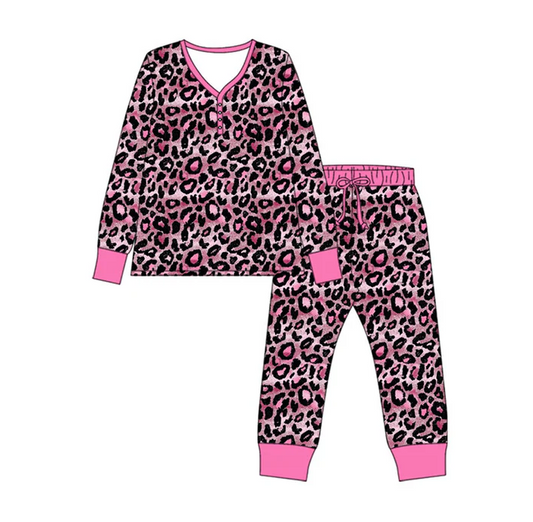 9.16 Preorder (moq 5)Baby Girls Pink Black Leopard Button Top Pants Pajamas Sets