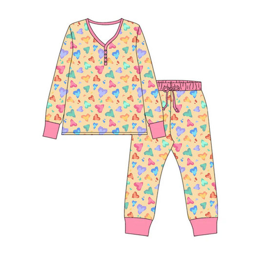 9.16 Preorder (moq 5)Baby Girls Colorful Hearts Leopard Button Top Pants Valentine Pajamas Sets