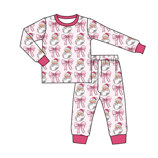 9.16 Preorder (moq 5)Baby Girls Pink Santa Bows Button Top Pants Christmas Pajamas Sets