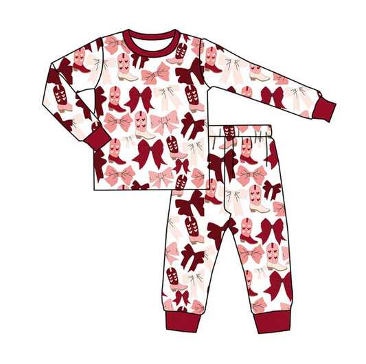 9.16 Preorder (moq 5)Baby Boys Pink Red Bows Heart Boots Top Pants Pajamas Sets