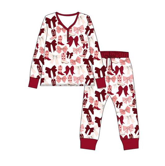 9.16Preorder (moq 5)Baby Girls Pink Red Bows Heart Boots Button Top Pants Pajamas Sets