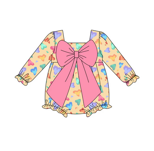 9.16 Preorder (moq 5)Baby Girls Colorful Hearts Leopard Bows Valentine Ruffle Rompers