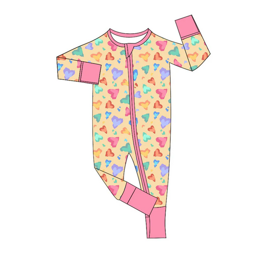 9.16 Preorder (moq 5)Baby Girls Colorful Hearts Leopard Valentine Zipper Footie Rompers
