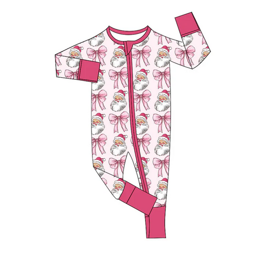 9.16 Preorder (moq 5)Baby Girls Pink Santa Bows Christmas Zipper Footie Rompers