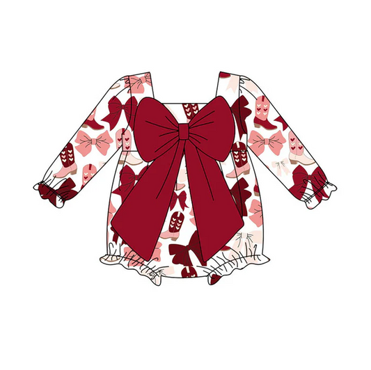 9.16 Preorder (moq 5)Baby Girls Pink Red Bows Heart Boots Ruffle Rompers