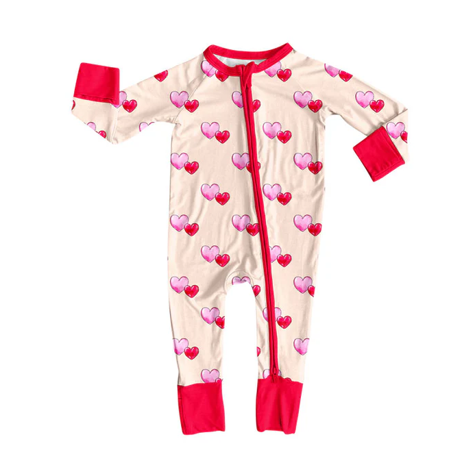 9.16 Preorder (moq 5)Baby Girls Hearts Checked Valentine Zipper Footie Rompers