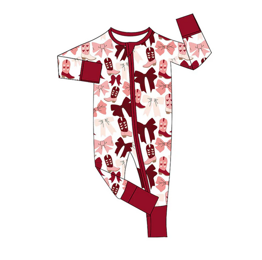 9.16 Preorder (moq 5)Baby Girls Pink Red Bows Heart Boots Zipper Footie Rompers
