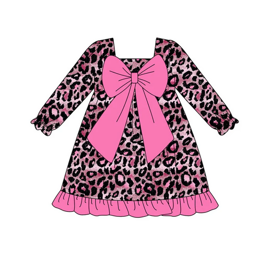 9.16 Preorder (moq 5)Baby Girls Pink Black Leopard Bows Ruffle Knee Length Dresses